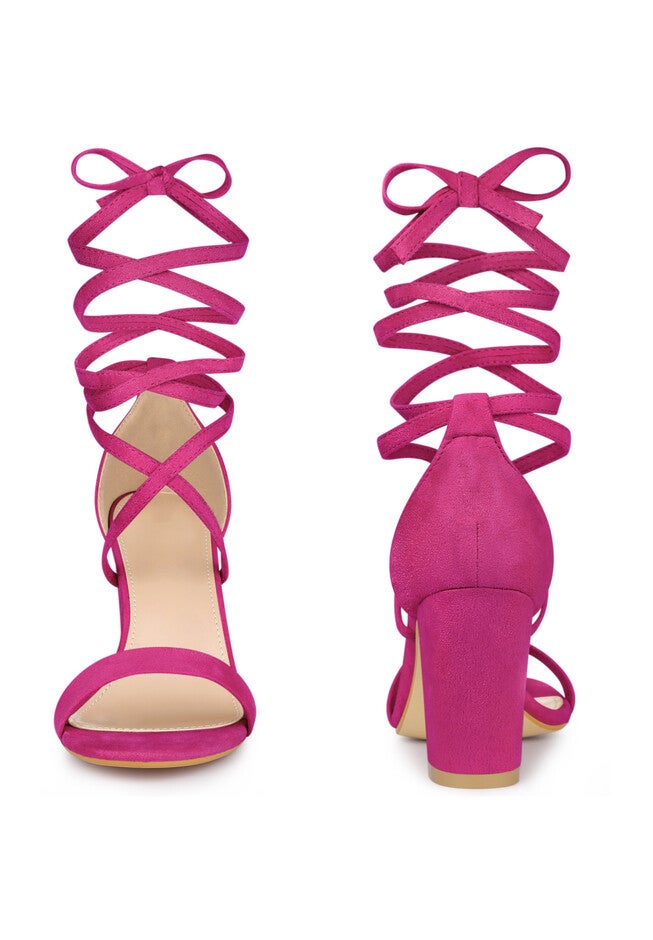 Open Toe Lace Up Chunky Heeled Sandals, Hot Pink / Deep Fuchsia, alternate image number 1