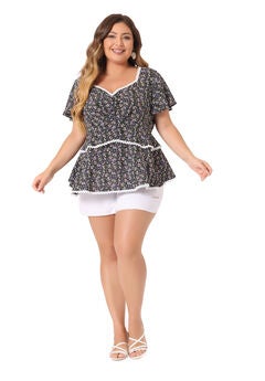 Floral Babydoll Sweetheart Ruffle Short Sleeve Top Tiered Blouse