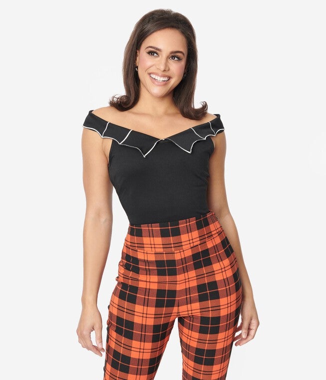 Unique Vintage Black & White Web Off the Shoulder Top, Black / Black, hi-res image number 0