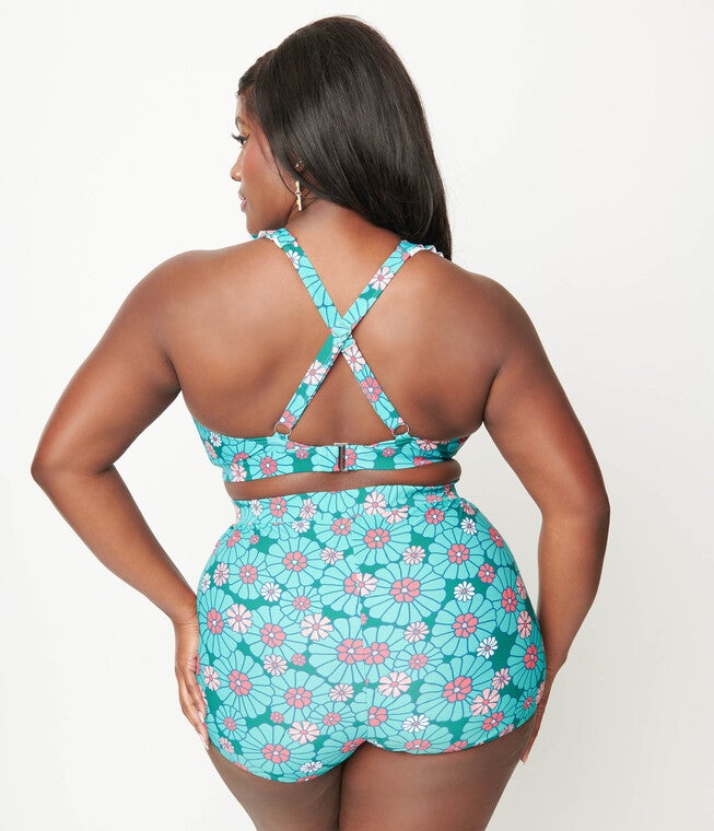 Unique Vintage Teal Flower Child High Waist Skort Swim Bottom, Teal Flower Child / Teal, alternate image number null