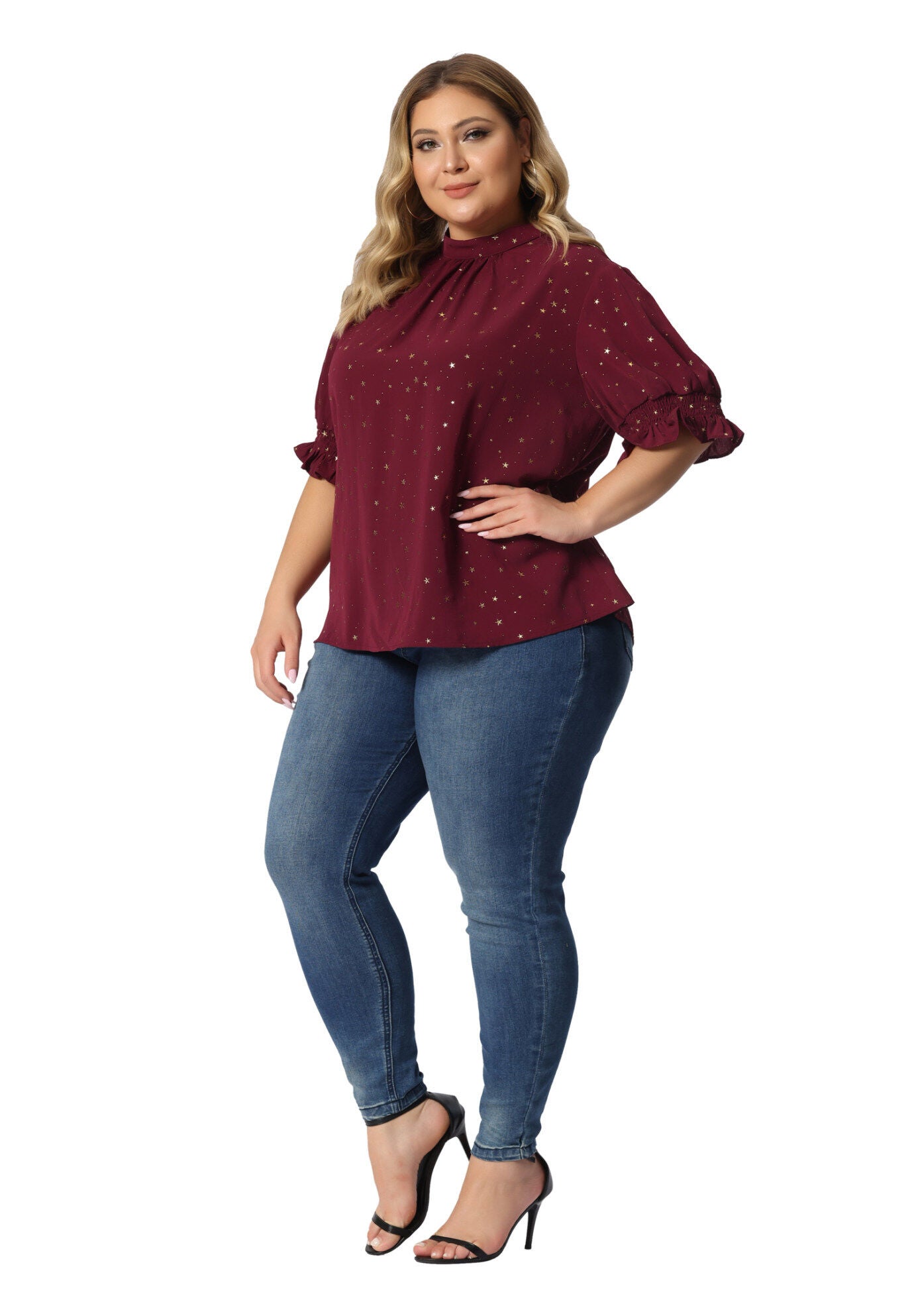 Pleated Mock Neck Star Print Puff Sleeve Blouse Top, Red / Red, hi-res image number 0