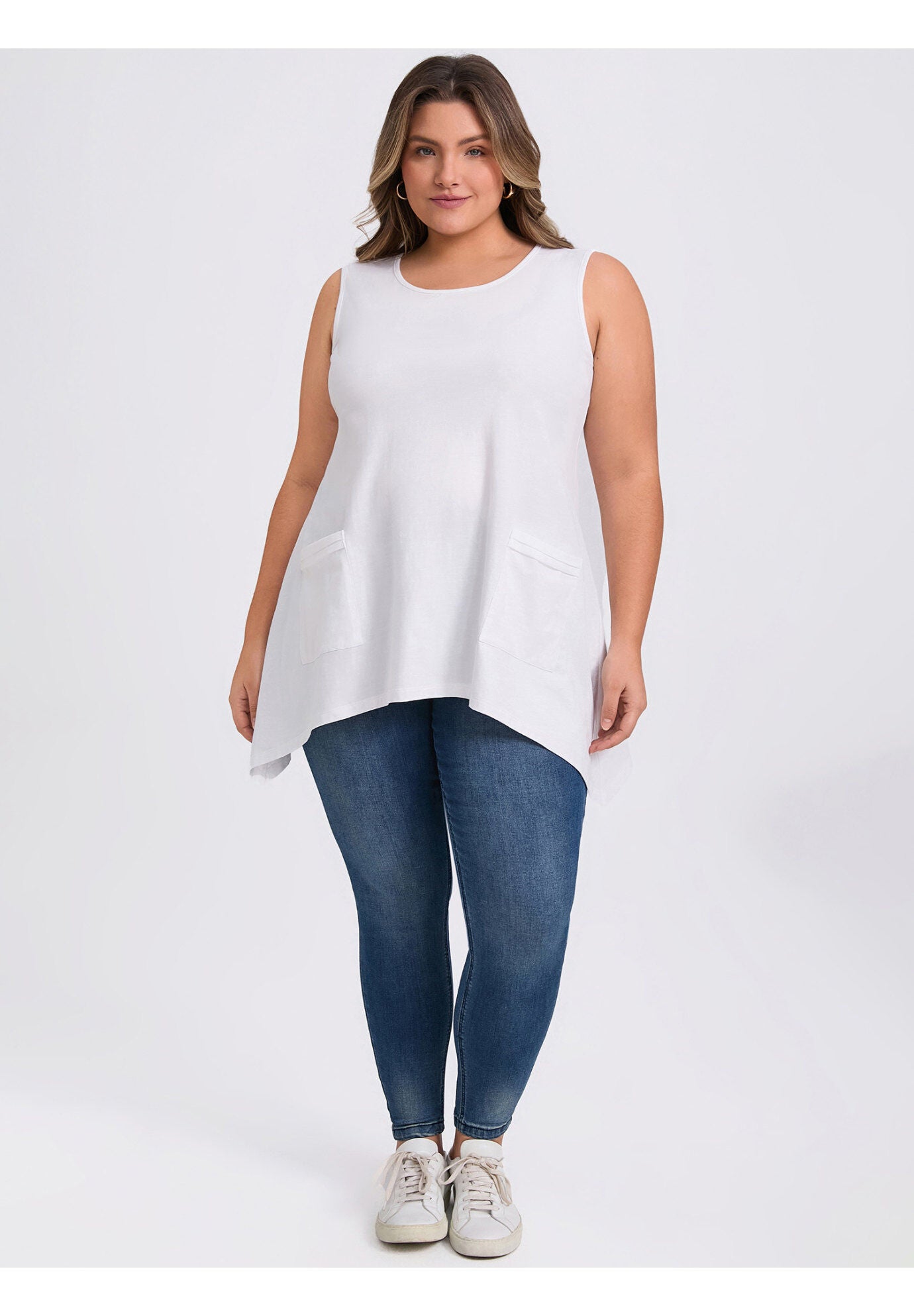 Sleeveless Hanky Asymmetrical Hem Loose Fit Flowy Tank Top with Pockets, White / White, alternate image number 1