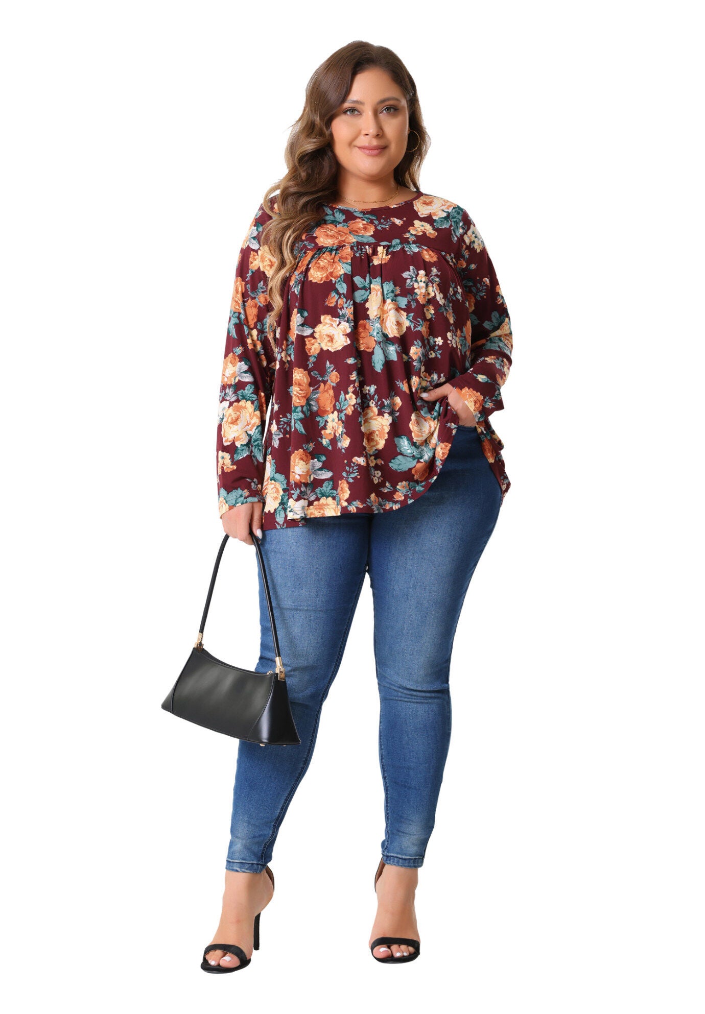 Long Sleeve Tunic Pleated Crew Neck Blouse, Burgundy / Red, hi-res image number 0