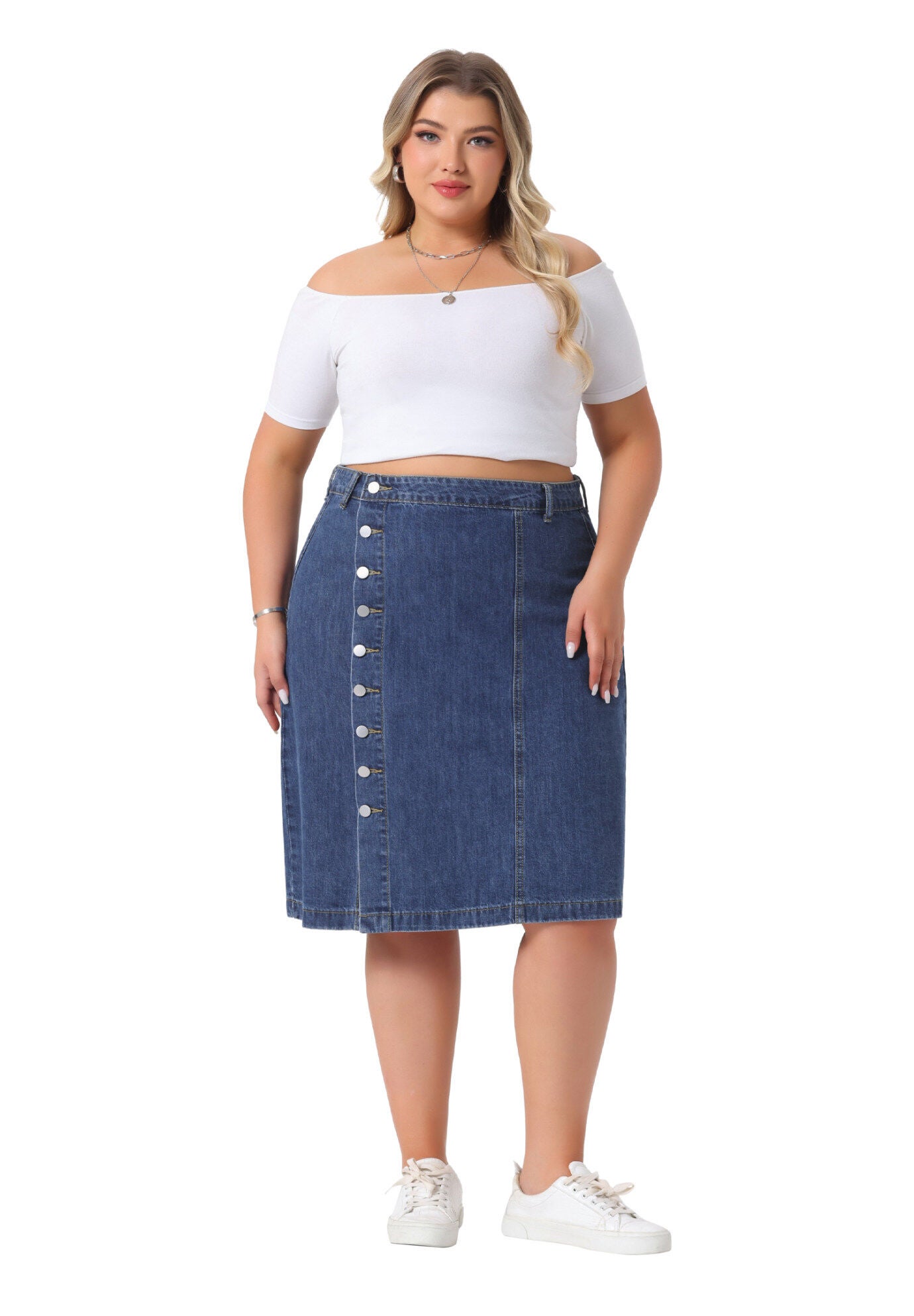 Denim Button Front High Waist A Line Midi Jean Skirt, Blue / Chambray Denim Medium, hi-res image number 0