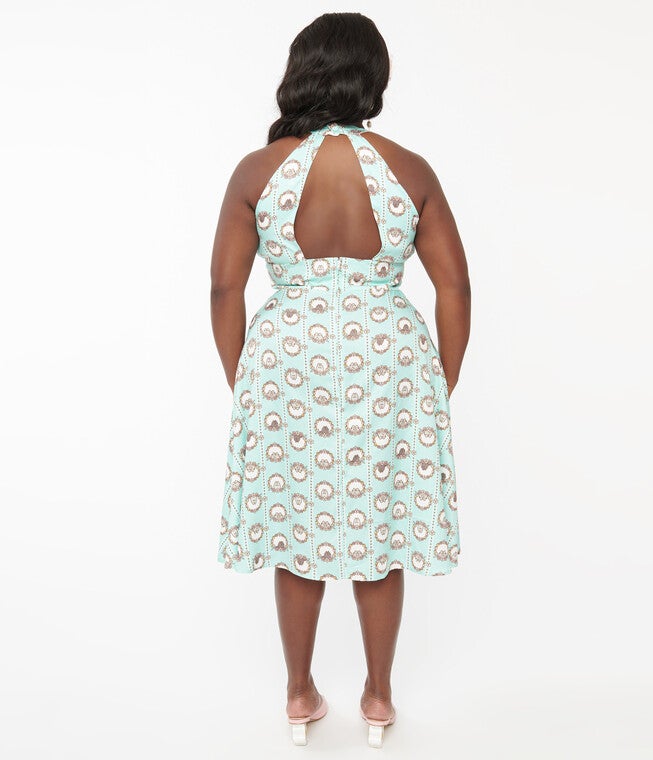 Pusheen x Unique Vintage Teal Pusheen Floral Frame Print Halter Swing Dress, , alternate image number 6