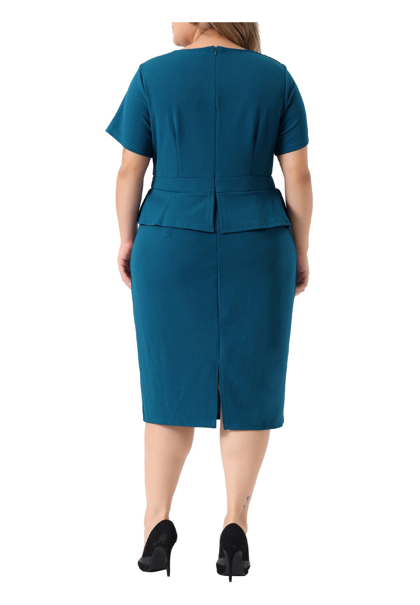 Short Sleeves Crew Neck Office Peplum Pencil Dress, Lake Blue / Light Blue, alternate image number 3