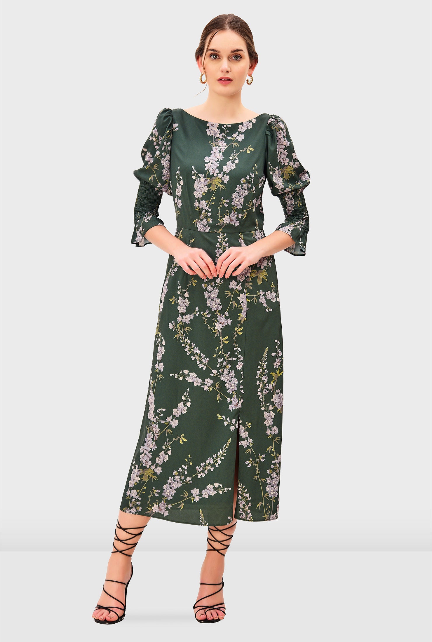 Floral Print Crepe A-Line Dress, Deep Green / Kelly Green, hi-res image number 0