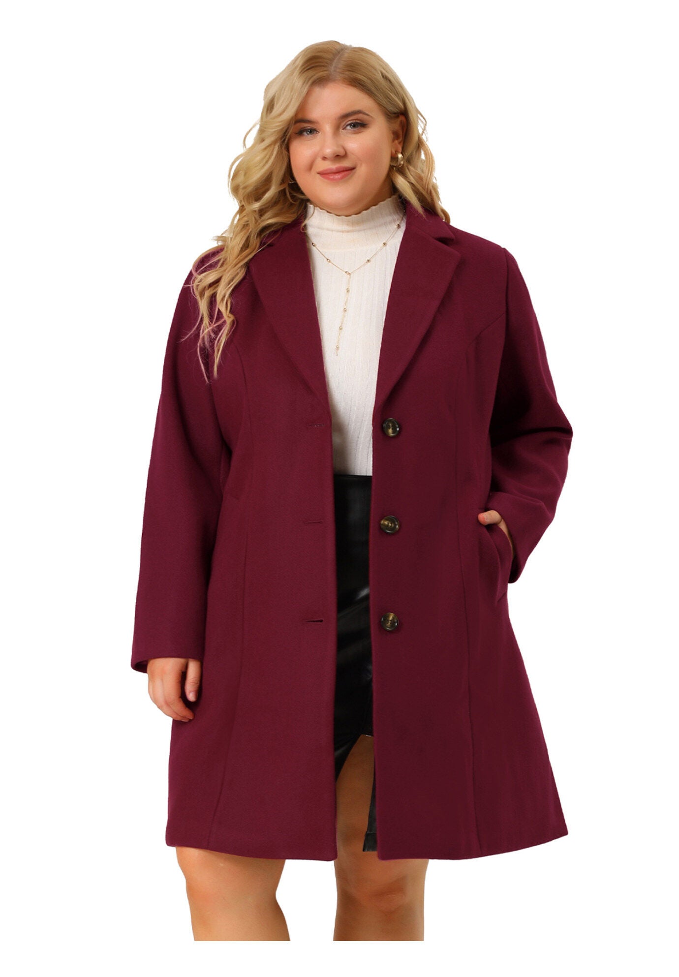 SINGLE BREASTED NOTCHED LAPEL LONG WINTER COAT, Wine Red / Red, alternate image number 2