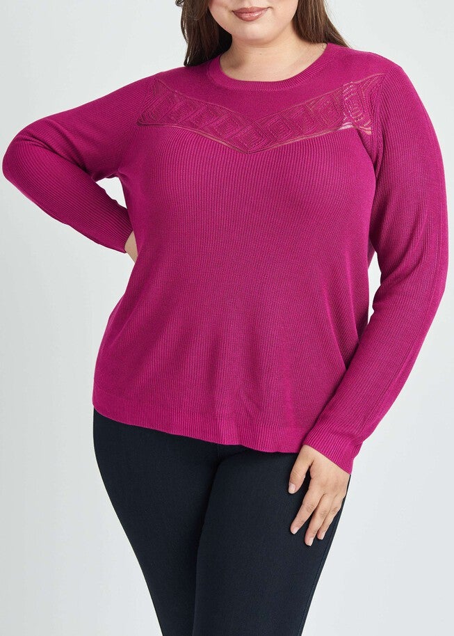 Tenley Pullover Sweater with Crochet Yoke, FUCHSIA PINK / Pink, hi-res image number 0