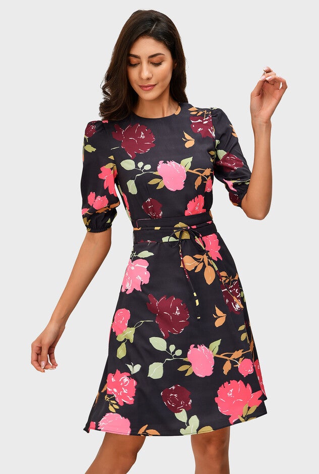 Floral Print Crepe Obi Belt A-Line Dress, Black / Black, hi-res image number null