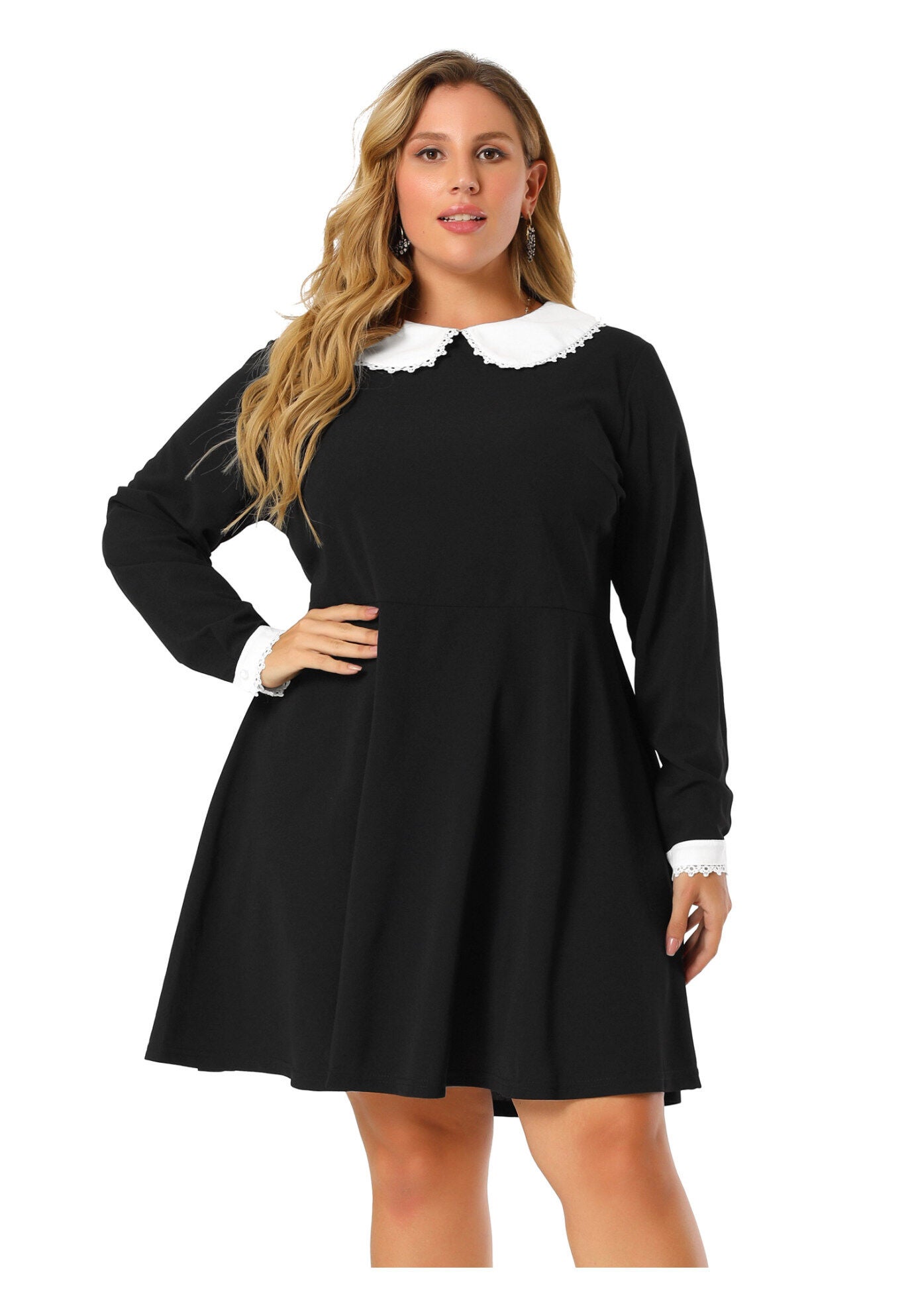 LONG SLEEVE DOLL PETER PAN COLLAR FLARE MIDI DRESS, Black / Black, alternate image number 3
