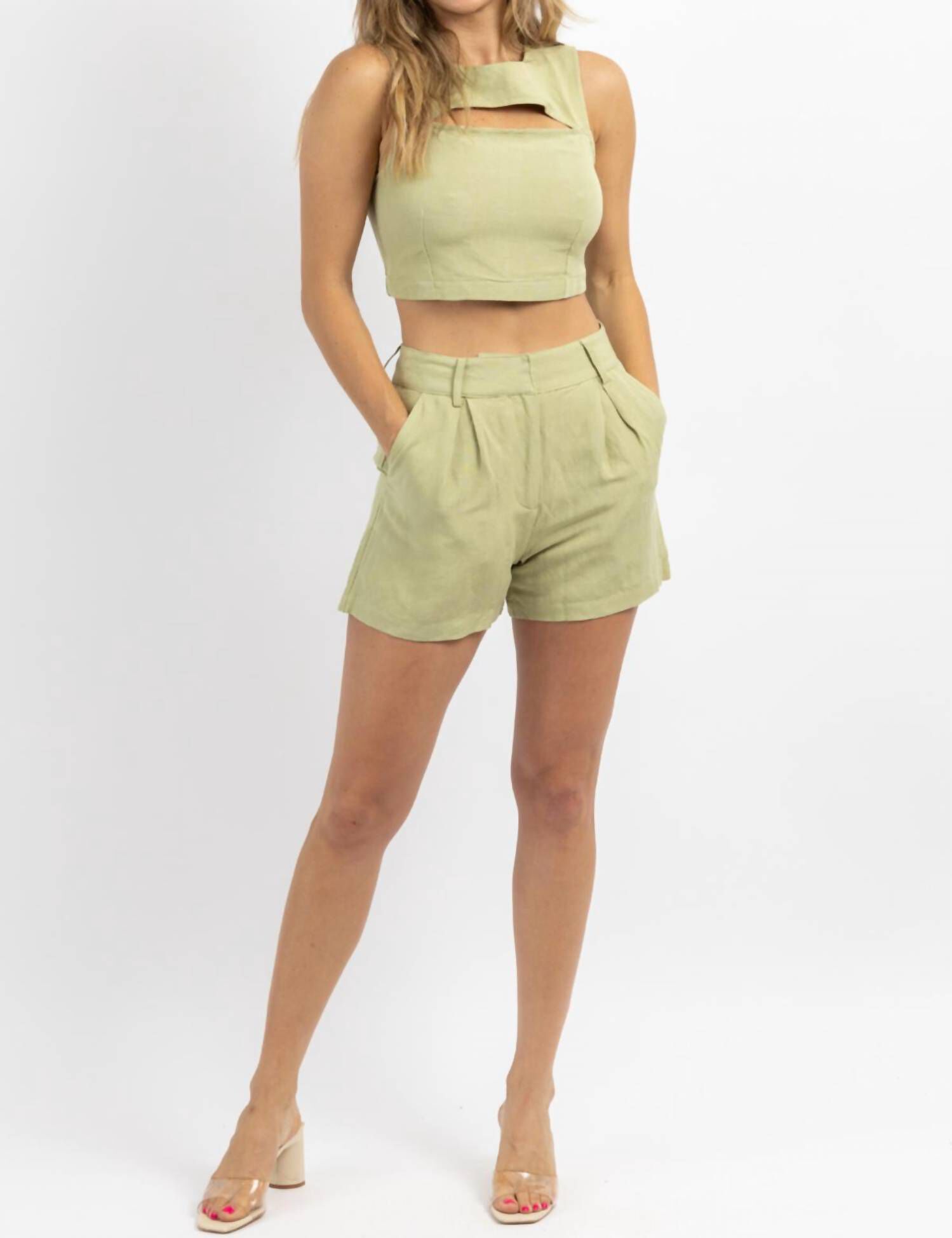 Milly Linen Short Set In Sage, Sage / Sage Green, hi-res image number 0