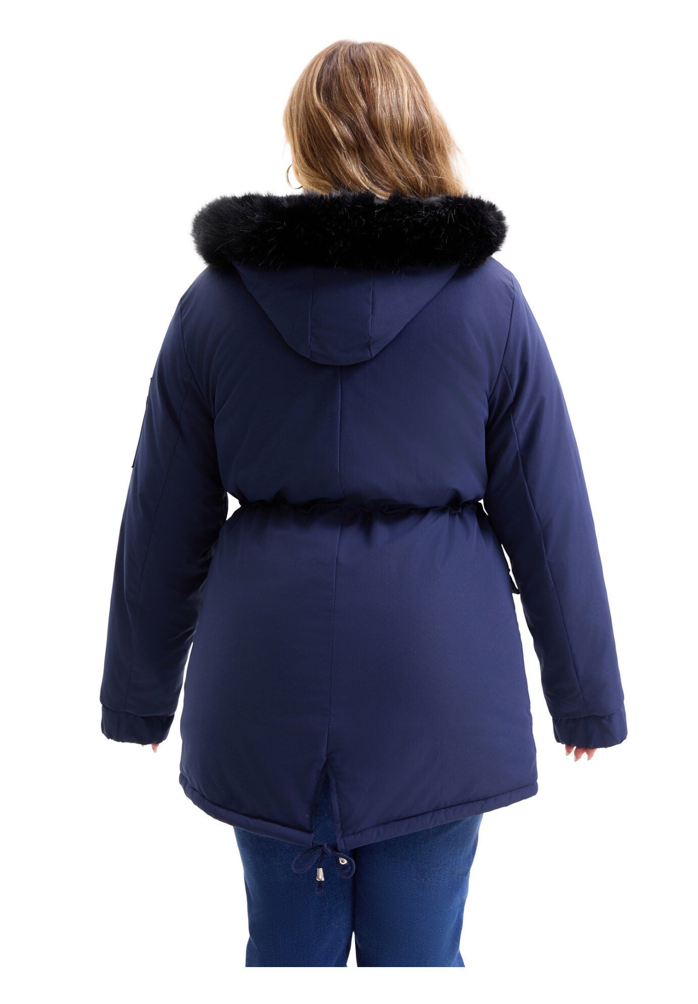 Drawstring Waist Fleece Winter Coat with Pockets, Navy Blue / Navy, alternate image number 3