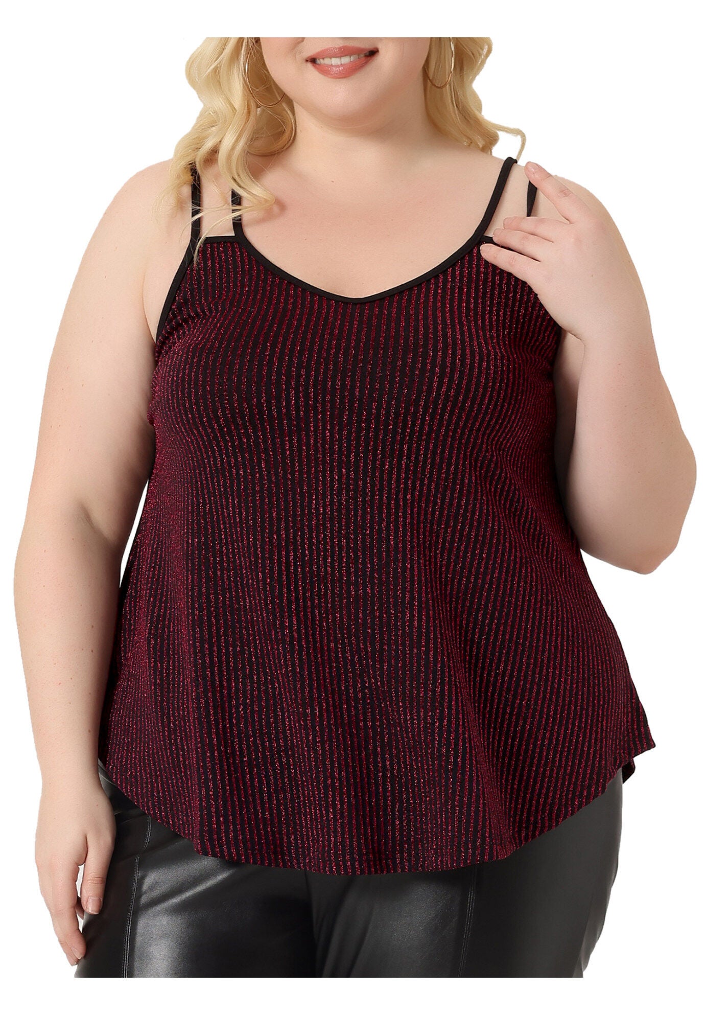 Sleeveless V Neck Tank Cami Party Glitter Sparkle Top, Burgundy / Red, alternate image number 2