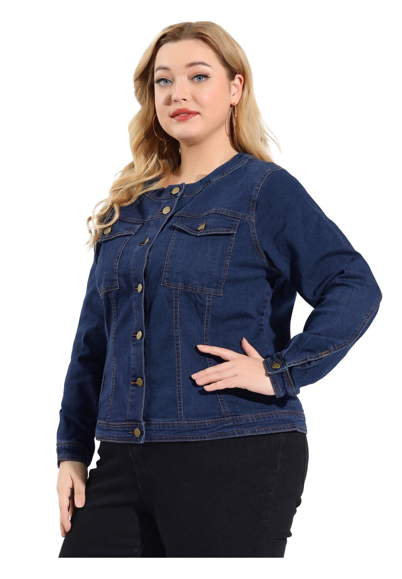 COLLARLESS DENIM JACKET, Blue / Azure Blue, alternate image number 3