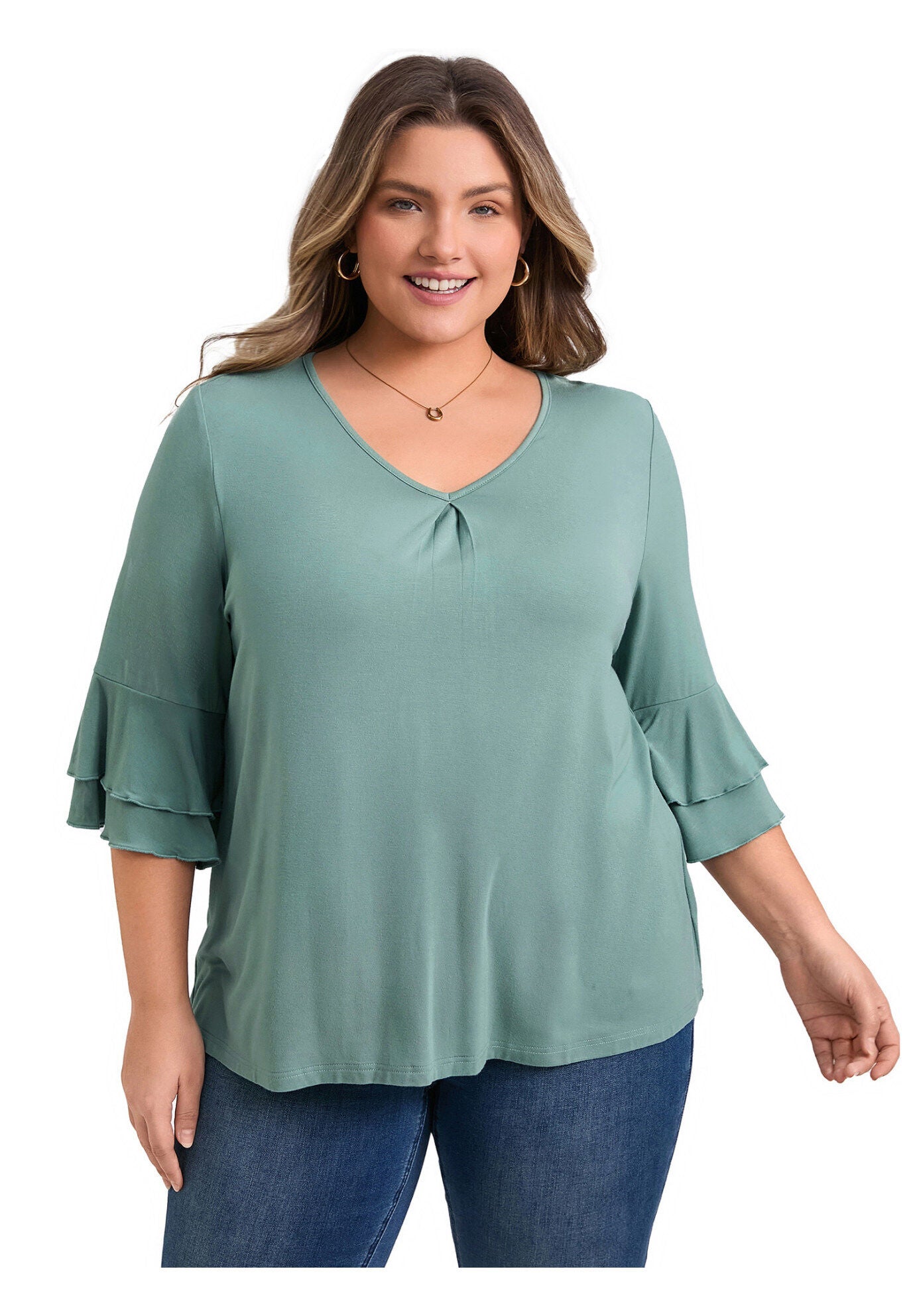 V Neck Double Layered Ruffle 3/4 Sleeve Pleated Front Blouse, Green / Sage Green, hi-res image number 0