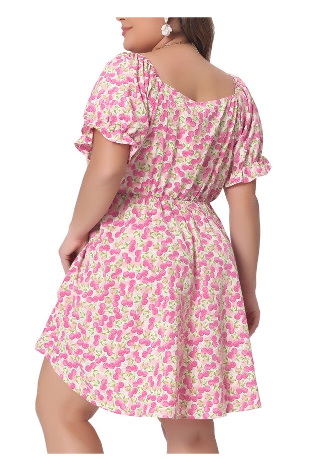 Sweetheart Neck Puff Short Sleeve Tie Swing A Line Midi Floral Dress, Hot Pink / Pink, alternate image number 3