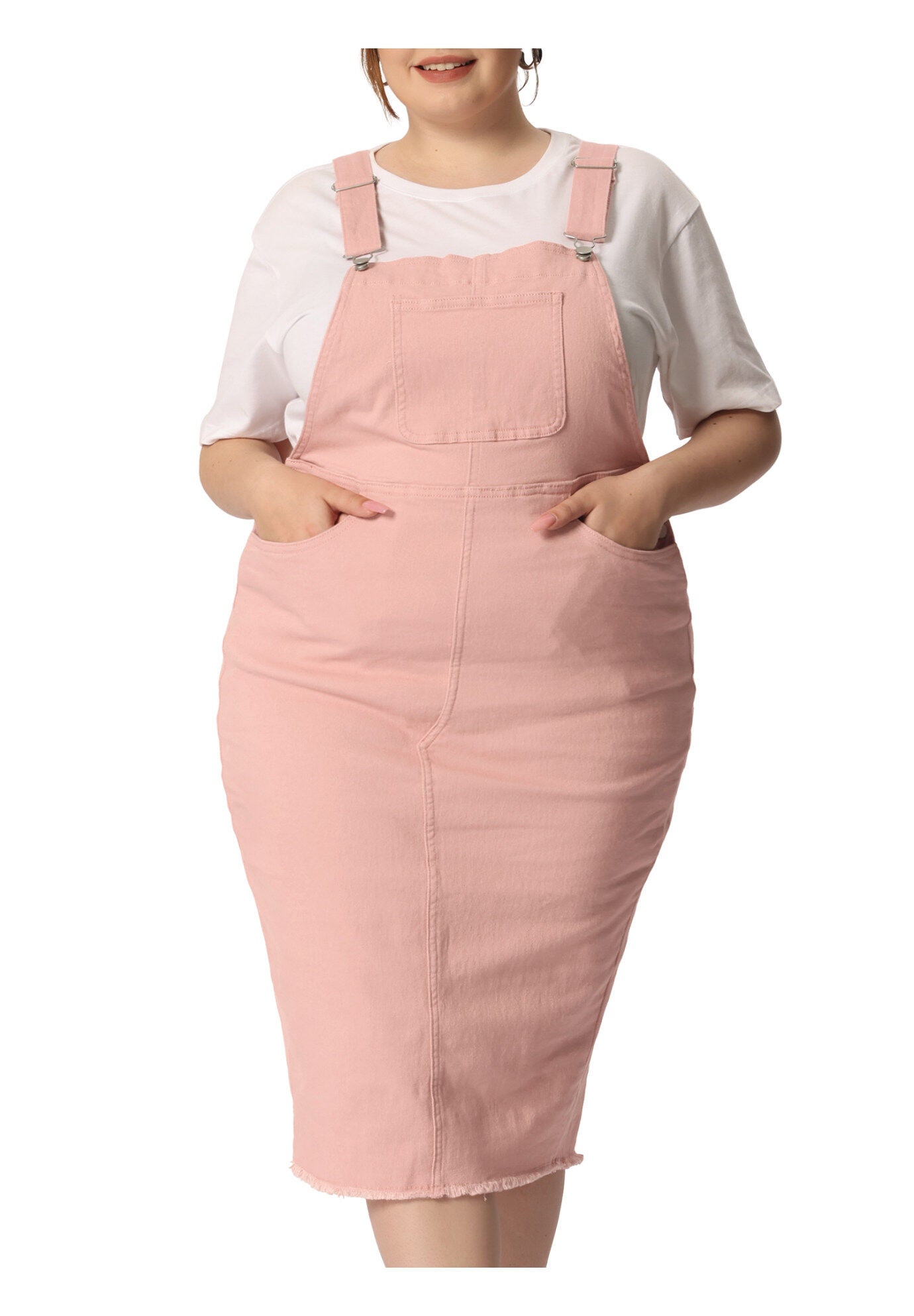 ADJUSTABLE STRAP BACK SLIT DISTRESSED DENIM OVERALL DRESS, Pink / Pink, alternate image number 1