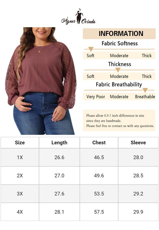 Lace Crew Neck Long Sleeve Loose Blouse, Purple Red / Terracotta, alternate image number 4