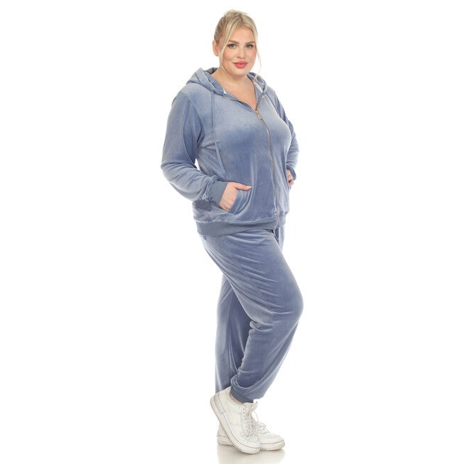 Plus Size 2-Pc Velour Tracksuit Set, Denim Blue / Chambray Denim Medium, alternate image number 1