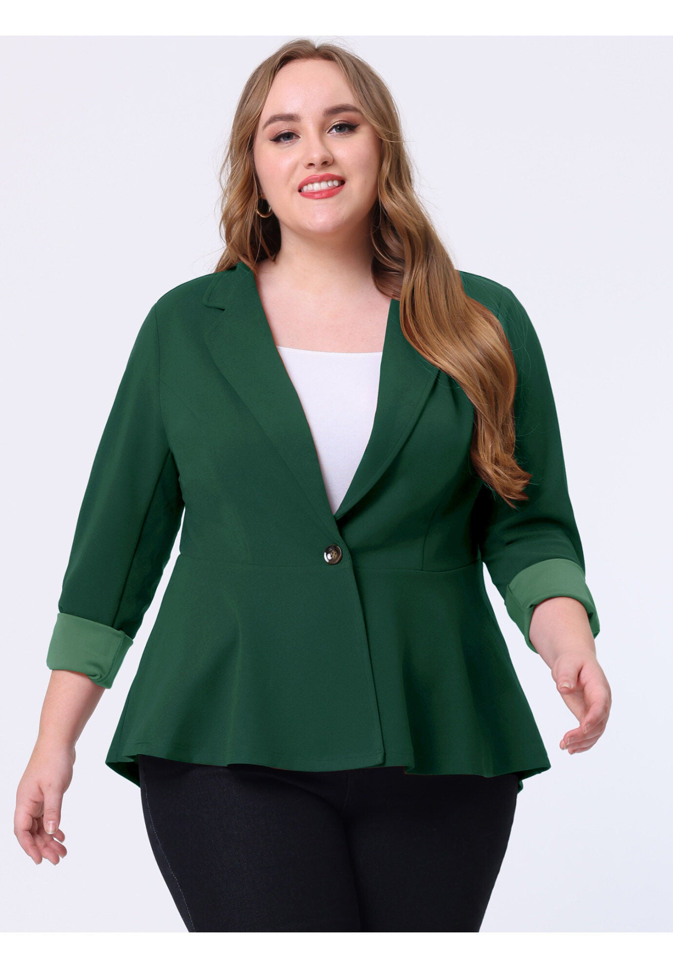 RUFFLE V NECK BUTTON NOTCH PANEL PEPLUM BLAZER, Dark Green / Forest Green, alternate image number 2