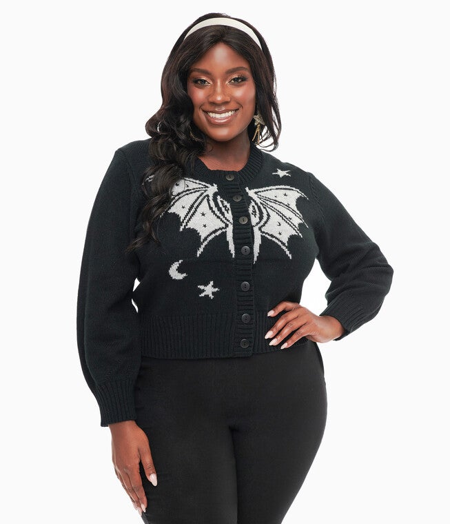 1950s Black & Silver Bat Cropped Cardigan, Black Silver Bat / Black, hi-res image number 0