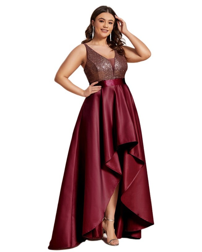 Sparkly Bodice High Low Prom Dress, Burgundy / Burgundy, alternate image number 4