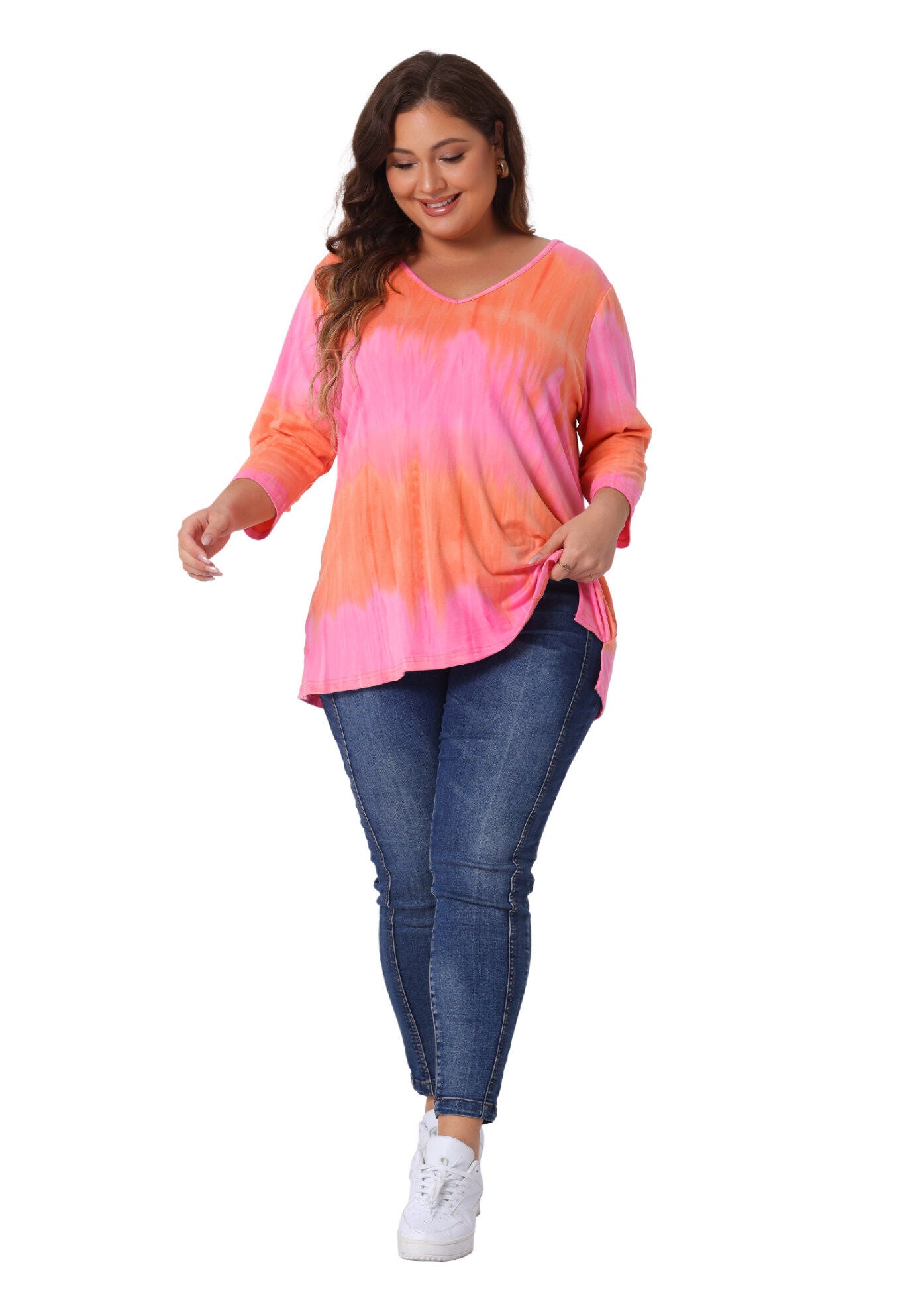 V Neck 3/4 Sleeve Loose Casual Striped Tie Dye Print T-Shirt Top, Pink / Pink, hi-res image number 0