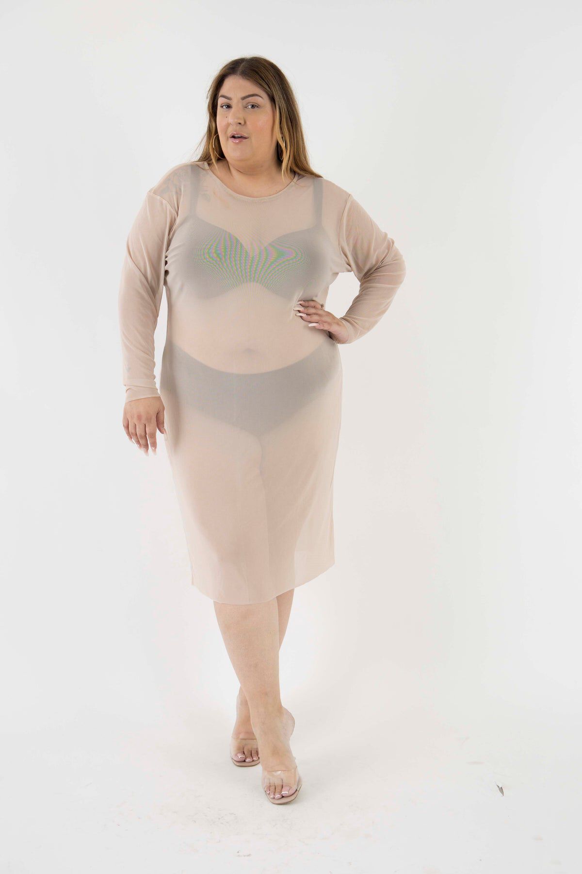 The Ghost Mesh Xray Dress with a Jewel Neckline, Nude / Beige, alternate image number 1