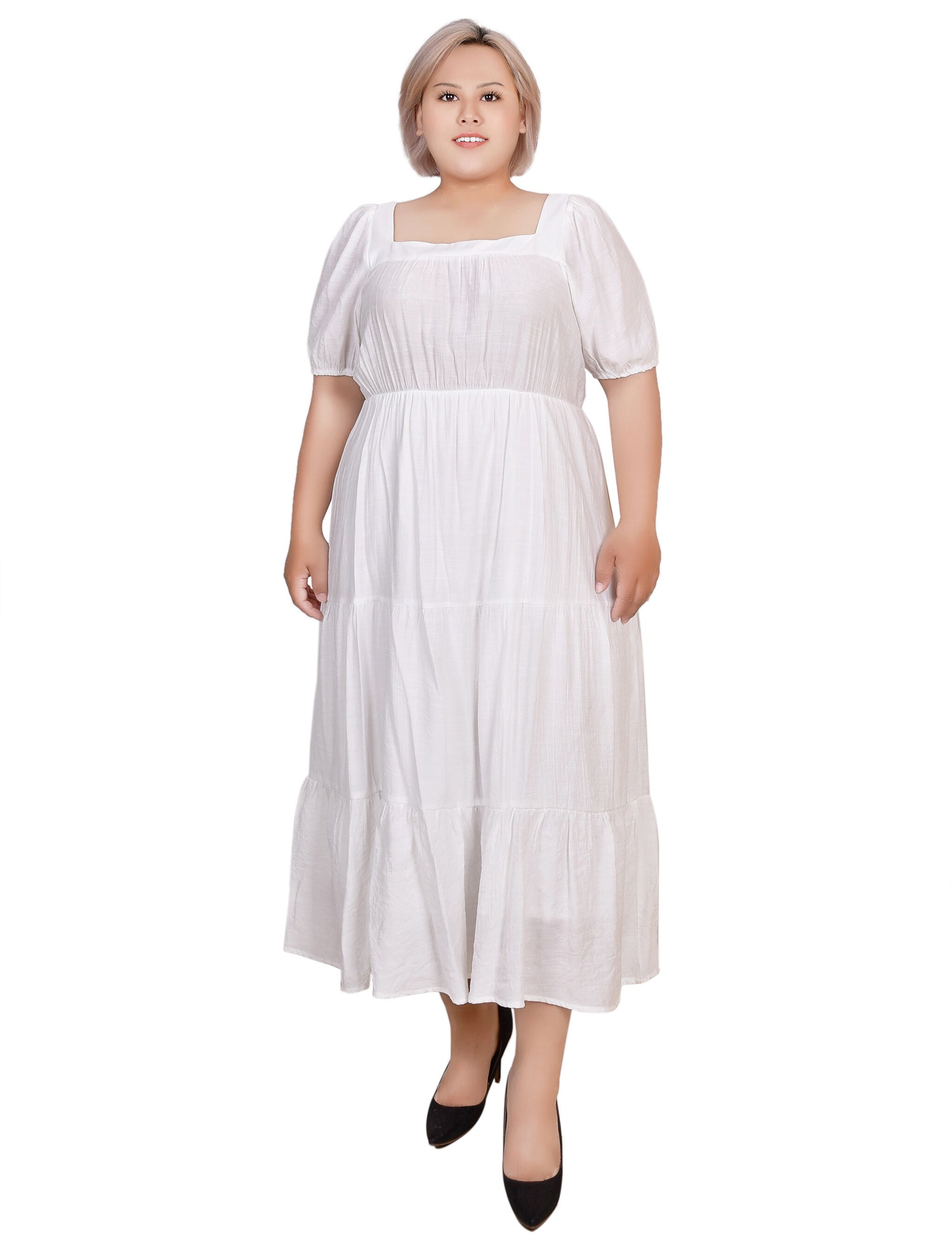 Short Sleeve Tiered Midi Dress, White / white, hi-res image number 0