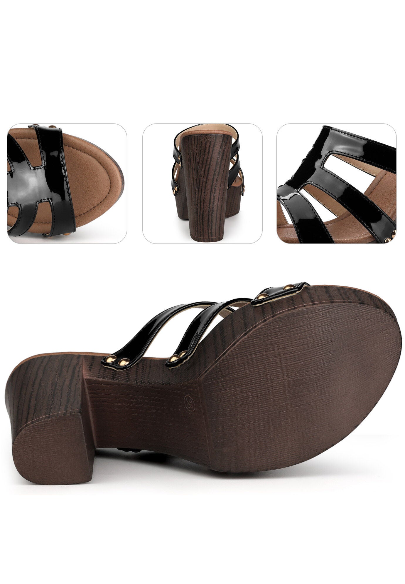 Platform Open Toe Slide Chunky Heels Sandals, Black / Black, alternate image number 2