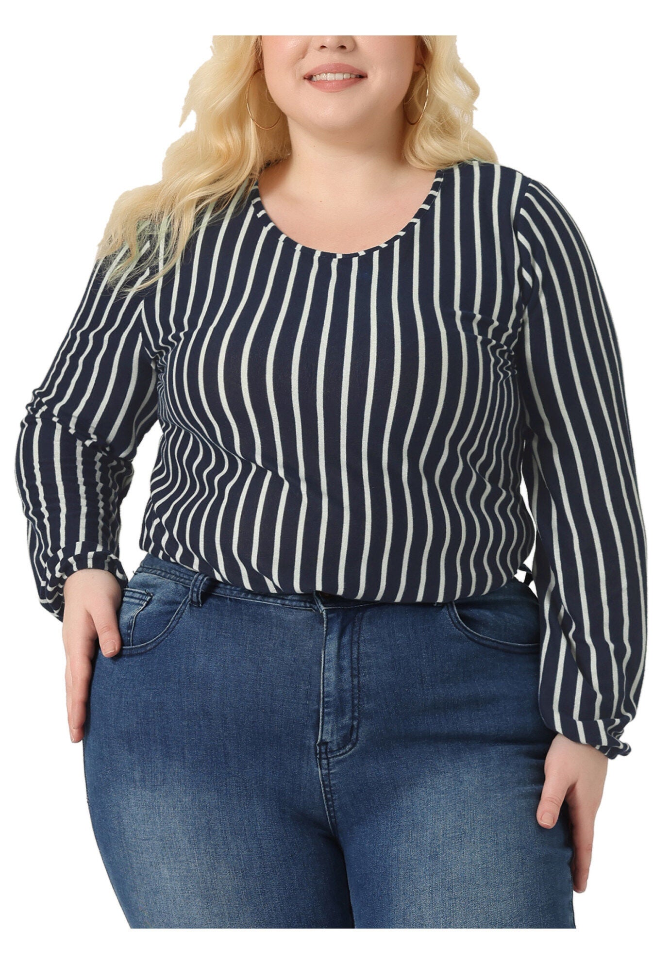 Boho Color Block Elastic Cuff Long Sleeve Striped Top, Navy Blue / Navy, alternate image number 1