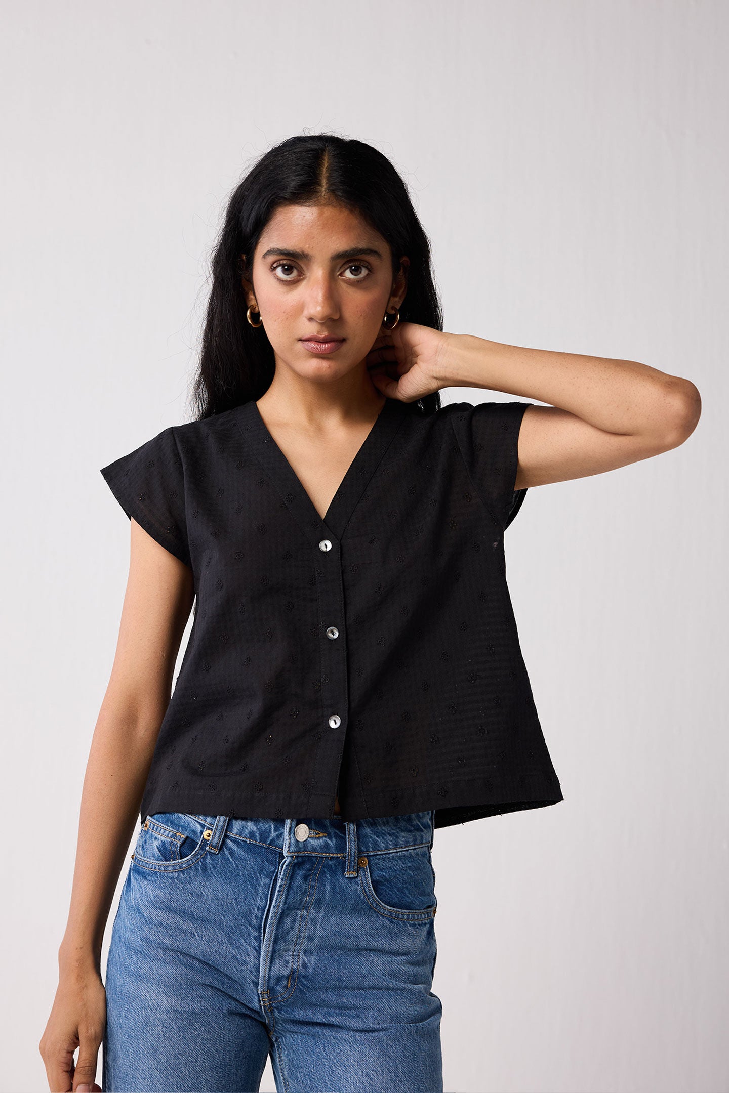 V-Neck Embroidered Top with Front Buttons in Black, Black / Black, alternate image number 5