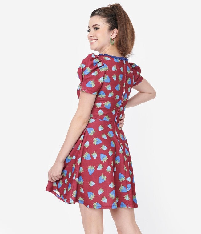 Smak Parlour Burgundy & Blue Strawberry Group Chat Flare Dress, , alternate image number 7
