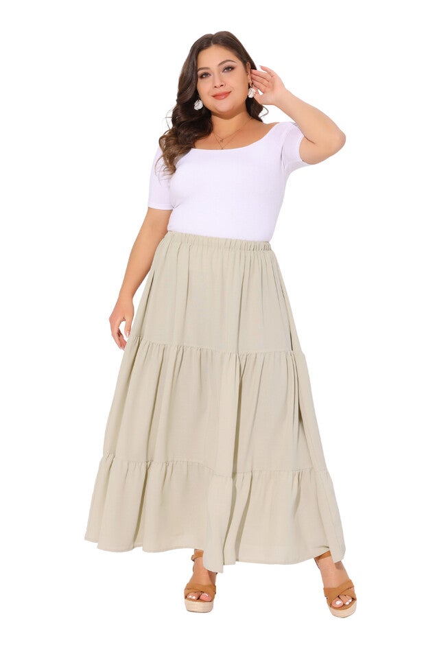 Elastic High Waist Boho Flowy A Line Long Swing Maxi Skirt, Beige / Beige, hi-res image number null