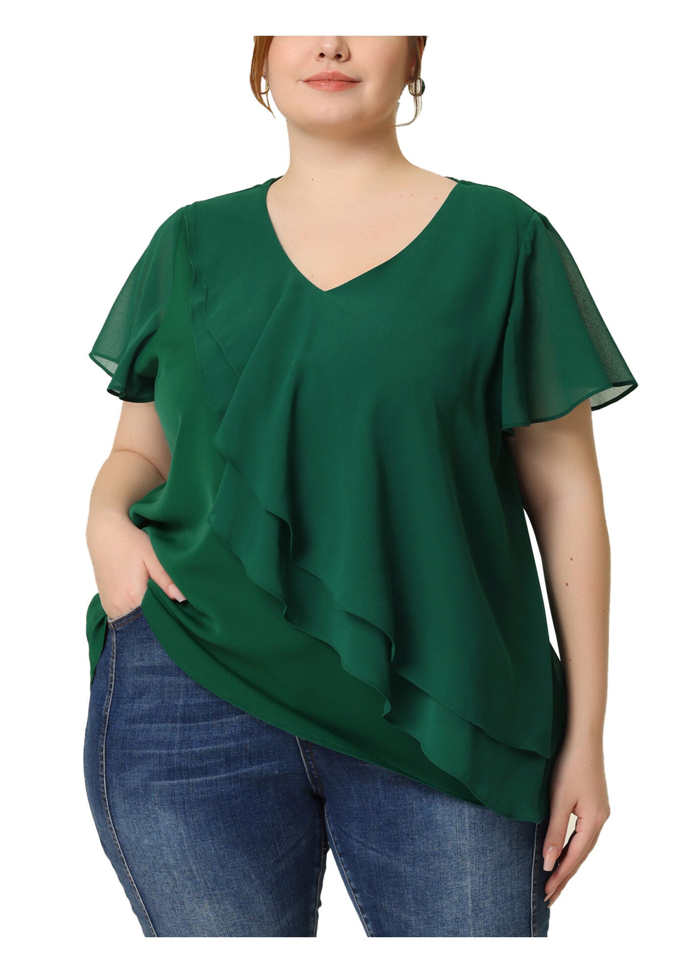 Flutter Sleeves Blouse V Neck Layer Chiffon Ruffle Top, Green / Forest Green, alternate image number 2