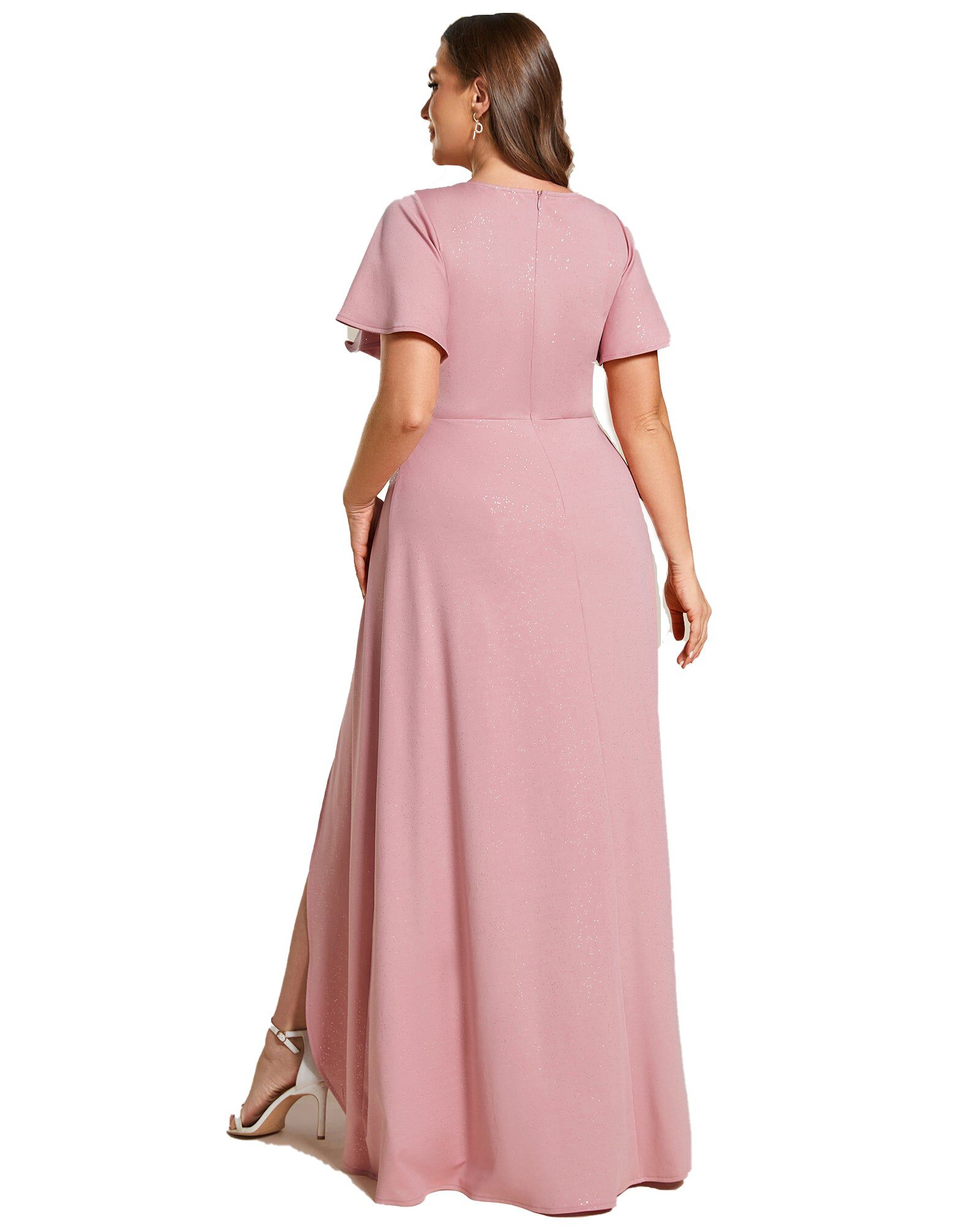 Glitter High-Low Front Side Slit Ruffled V-Neck Evening Dress, Dusty Rose / Pink, alternate image number 1