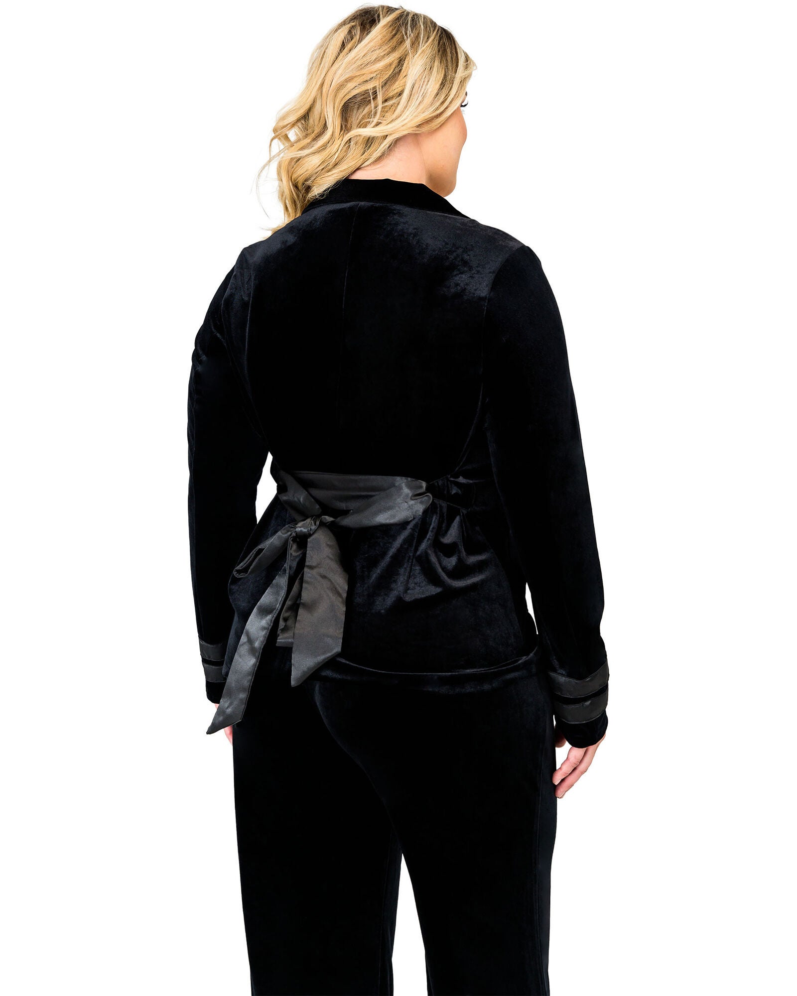 Plus Size Lottie Stretch Velvet Wrap Smoking Jacket With Satin Lapel And Satinbelt, Black / Black, alternate image number 2