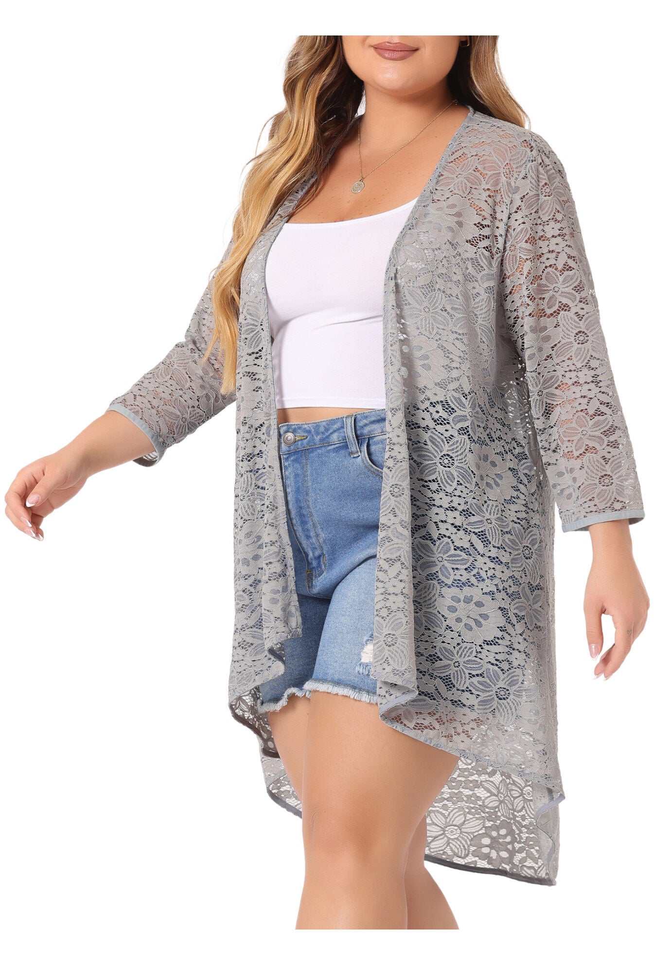 LIGHTWEIGHT 3/4 SLEEVE OPEN FRONT CROCHET LACE COVER UP, Gray / Light Grey, alternate image number 1