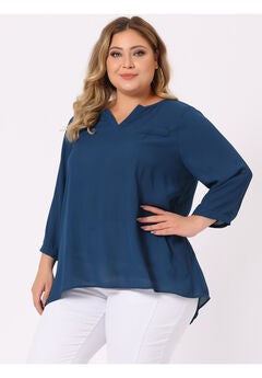 3/4 Sleeve Sheer Flowy Summer Split V Neck Blouse