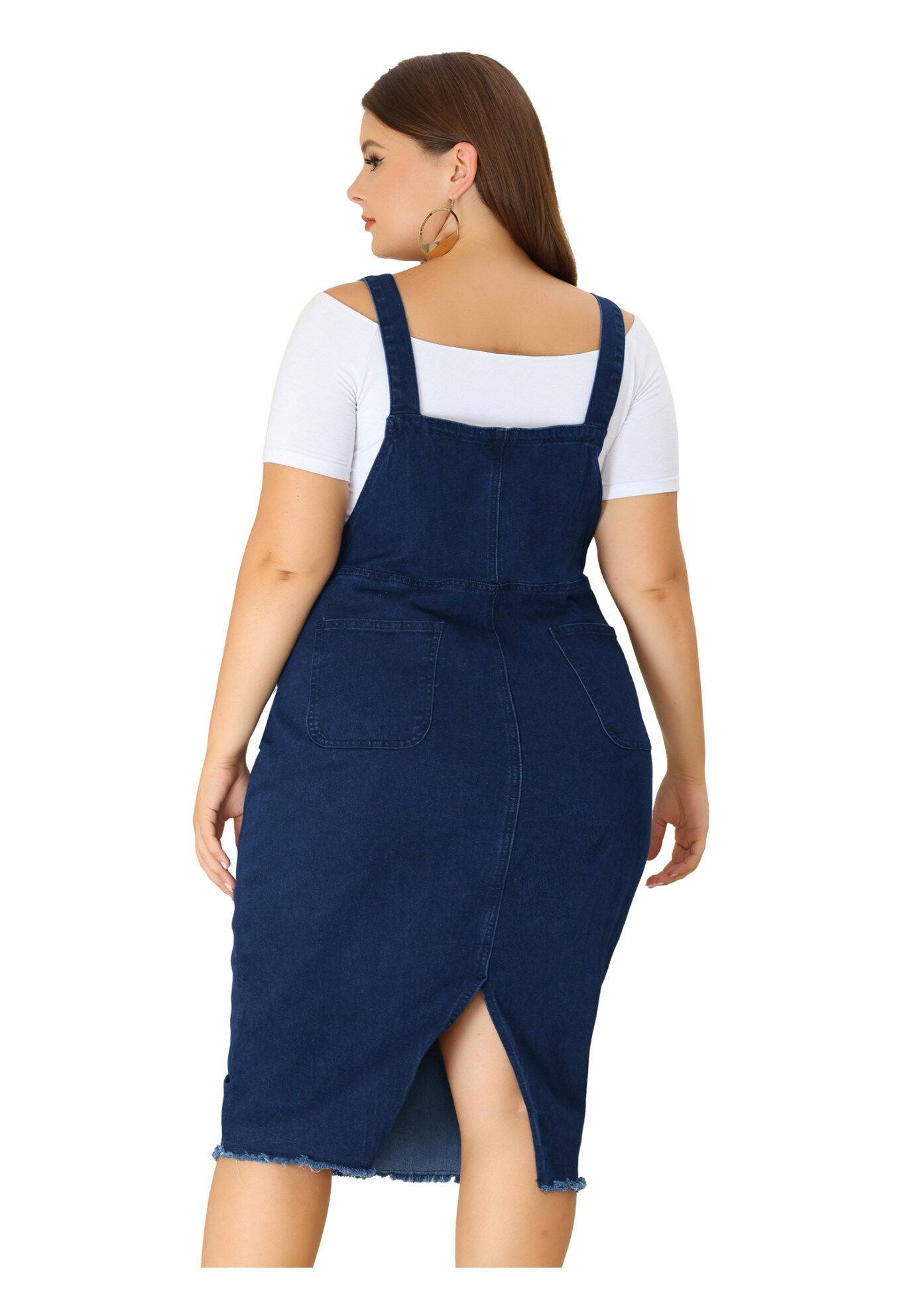 ADJUSTABLE STRAP BACK SLIT DISTRESSED DENIM OVERALL DRESS, Black Blue / Navy, alternate image number 4