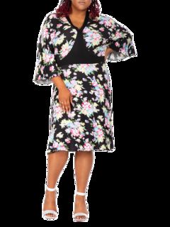 Vienna Women&#39;s Plus Size Spring Floral Print Bell Sleeves V Neck Casual Flowy Mini Dress, Black / Black, hi-res image number 0