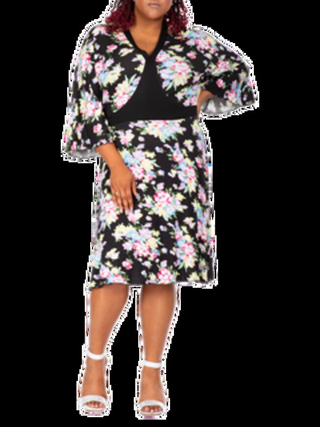 Vienna Women's Plus Size Spring Floral Print Bell Sleeves V Neck Casual Flowy Mini Dress, Black / Black, hi-res image number 0