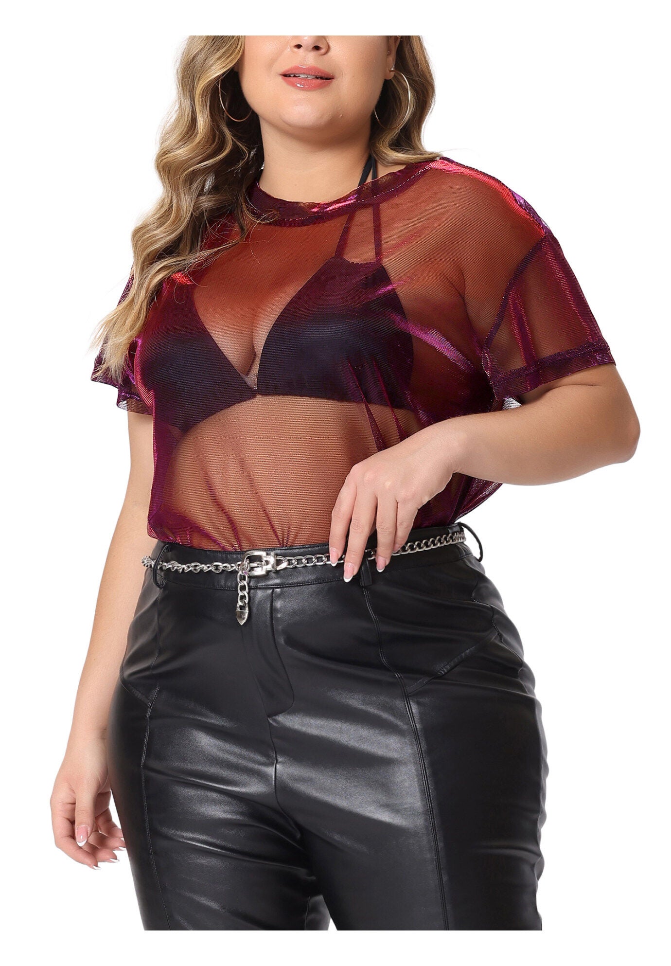DROP SHOULDER SHEER MESH TOP, Black Red / Red, alternate image number 1