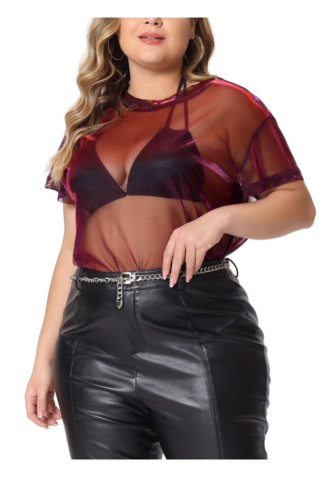 DROP SHOULDER SHEER MESH TOP, Black Red / Red, alternate image number 1