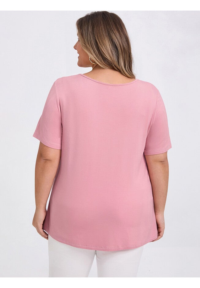 Short Sleeve Blouse Crossover Asymmetric Tulip Hem Top, Pink / Pink, alternate image number 2