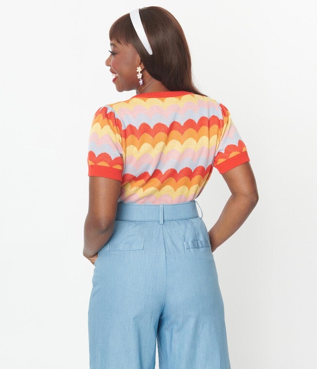 Unique Vintage Rainbow Scallop Striped Cardigan, , alternate image number null