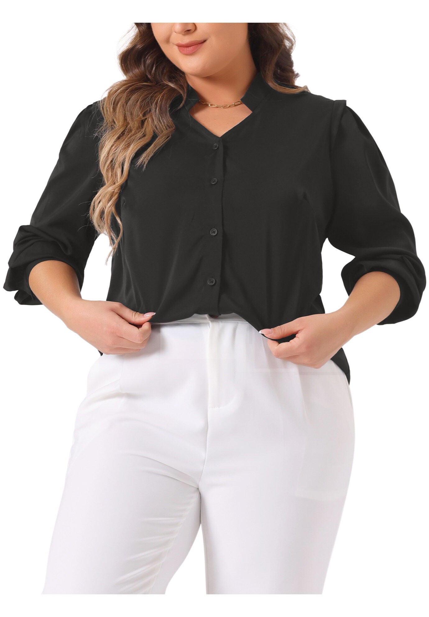 Button Up Notch V Neck Long Sleeve Work Shirt, Black / Black, alternate image number 1