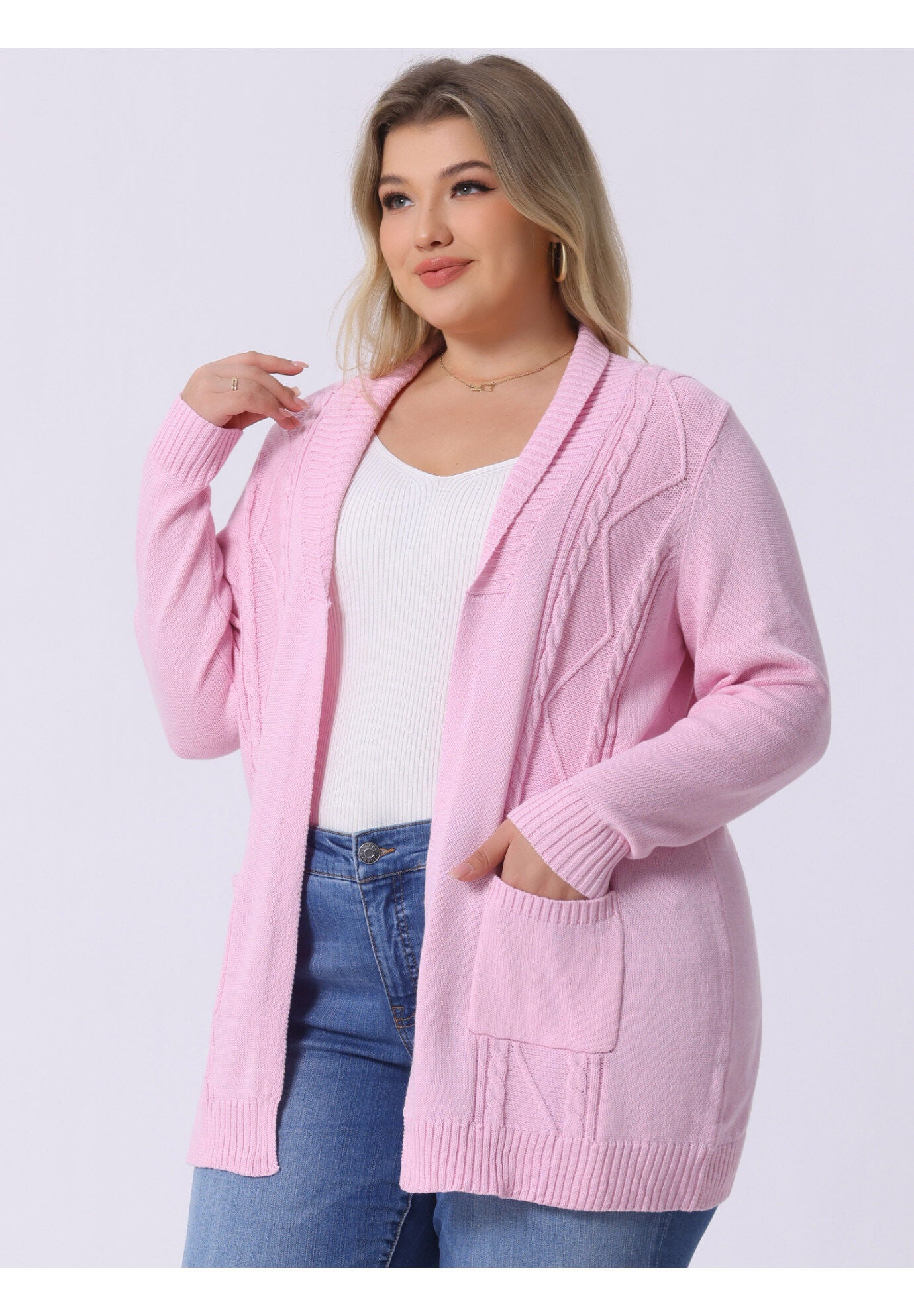 SHAWL COLLAR OPEN FRONT SWEATER CARDIGAN, Pink / Pink, alternate image number 1
