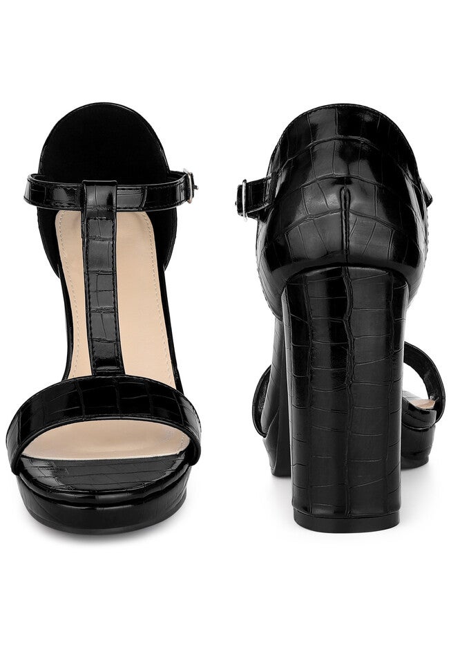 Platform Print Embossed Ankle Strap Chunky Heels Sandals, Black / Black, alternate image number 1